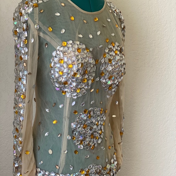 SOLD Beige Nude Sheer Crystal Dress Size M/L - Picture 4 of 8